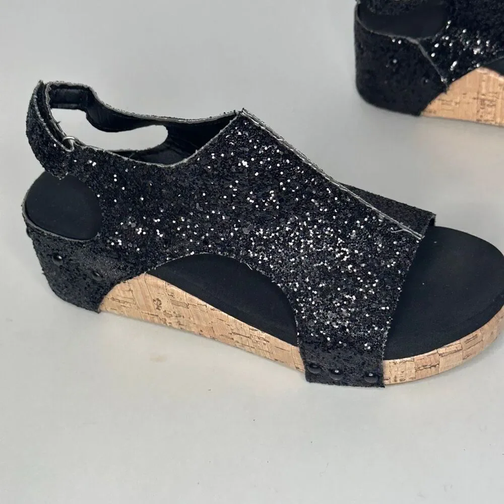 Black Glitter Wedges Sparkly Sandal | Women Size 7.5
